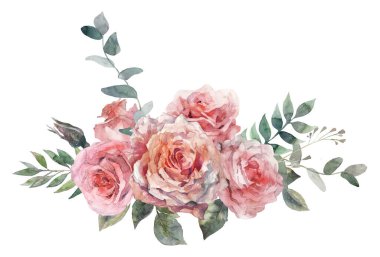 Çiçek pembe gül, yeşil yapraklar. Çiçekli suluboya klipsi. Çiçekli düğün konsepti