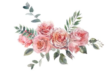 Çiçek pembe gül, yeşil yapraklar. Çiçekli suluboya klipsi. Çiçekli düğün konsepti