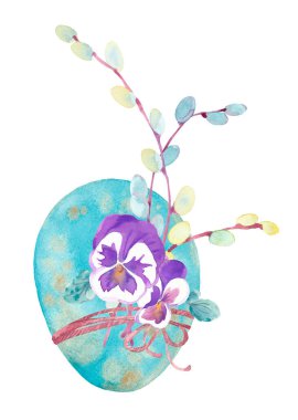 Watercolor clipart with Easter colorful eggs, pansy flowers and blossoming pussy willow branches