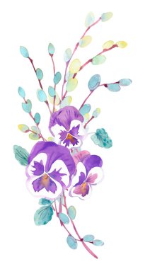 Watercolor clipart with Easter pansy flowers and blossoming pussy willow branches.