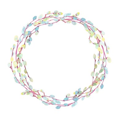 Watercolor Easter clipart . A wreath of blooming pussy willow branches.
