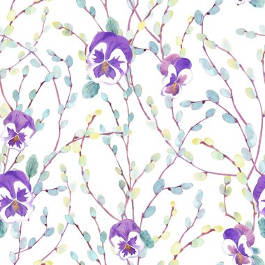 Paskalya Pansy çiçekleri ve söğüt dallarıyla sulu boya deseni