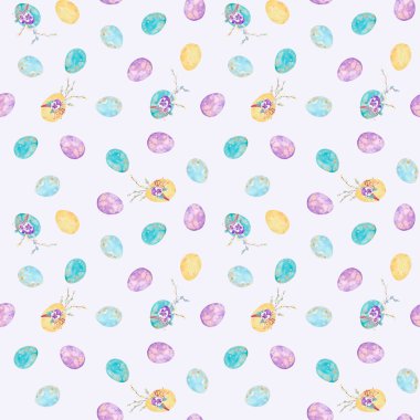 Pastel arka plan üzerine dijital kağıt. Paskalya yumurtalarıyla suluboya kusursuz desen.
