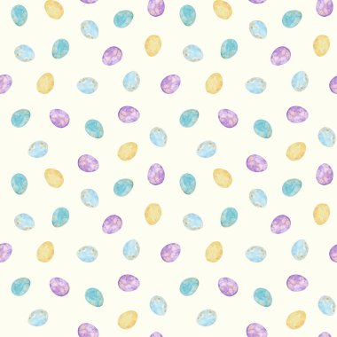 Pastel arka plan üzerine dijital kağıt. Paskalya yumurtalarıyla suluboya kusursuz desen.