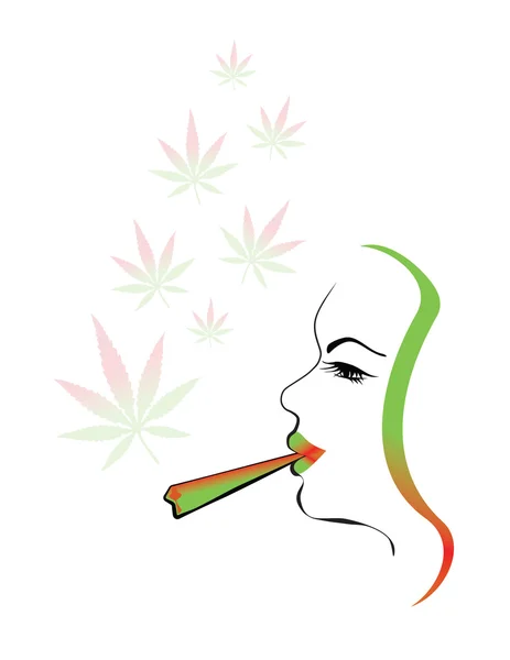 Курение марихуаны женщина иллюстрация с листьев конопли — стоковый вектор