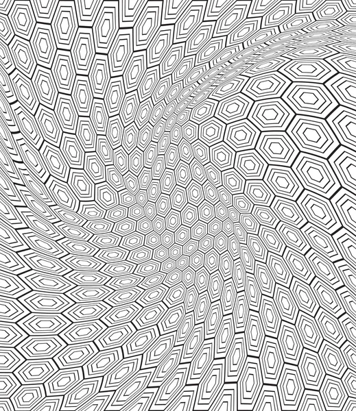 Abstracto transformado, envuelto hexágono fondo blanco y negro — Vector de stock