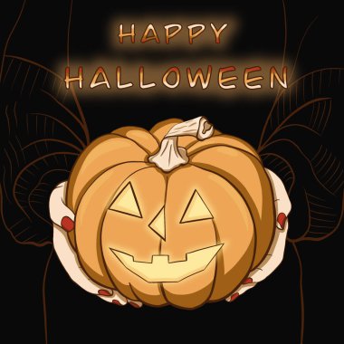 Siyah arkaplanlı mutlu Cadılar Bayramı kartları. Balkabağı Jack O Fener 'i tutan kadın. Dijital el çizimi karikatür çizimi. Cadılar Bayramı tasarımı için iyi.