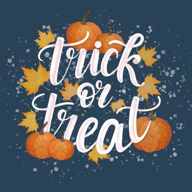 Şeker mi şaka mı mesajı. Sarı akçaağaç yaprakları ve mavi arka planda turuncu balkabakları olan dijital el yazıları çizdi..