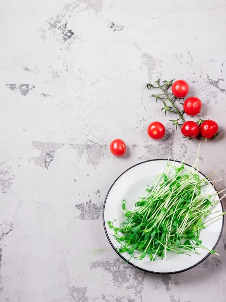 Φρέσκα πράσινα σε άσπρο πιάτο και ντομάτες. — Φωτογραφία Αρχείου