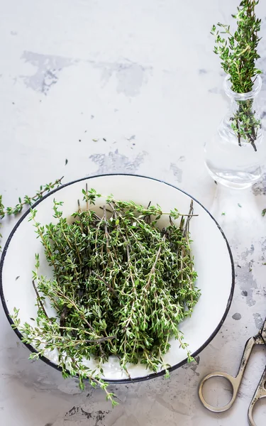 Thyme on white  stone background — Stock Photo, Image