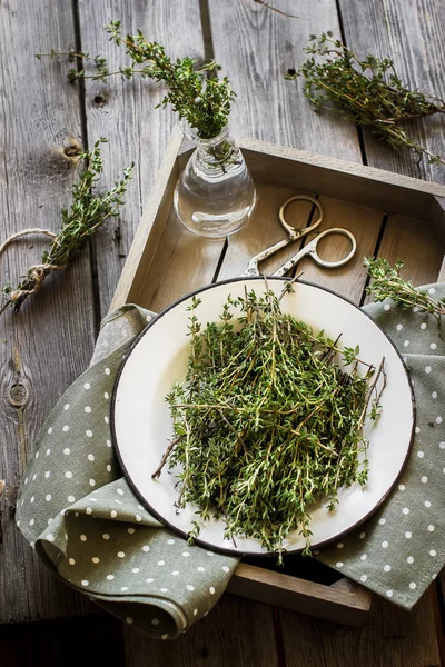 Thyme in vintage plate, napkin and scissors in wooden box . — стоковое фото