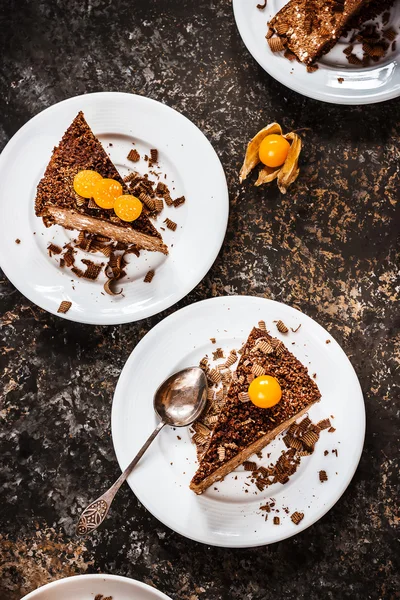 Three slices of pie on saucers. Stone background. Selective focus. — Stock Photo, Image