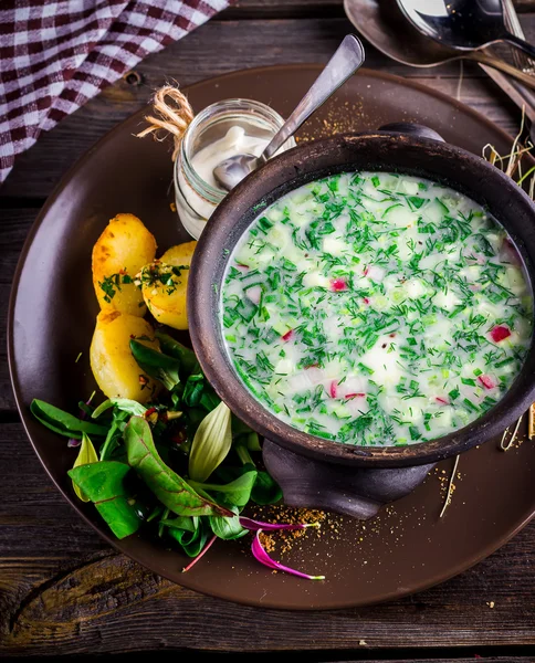 La sopa tradicional rusa fría con hortalizas - okroshka  . — Foto de Stock