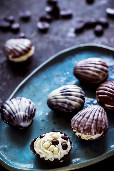 Doces de chocolate com bagas secas e feijão de chocolate . — Fotografia de Stock