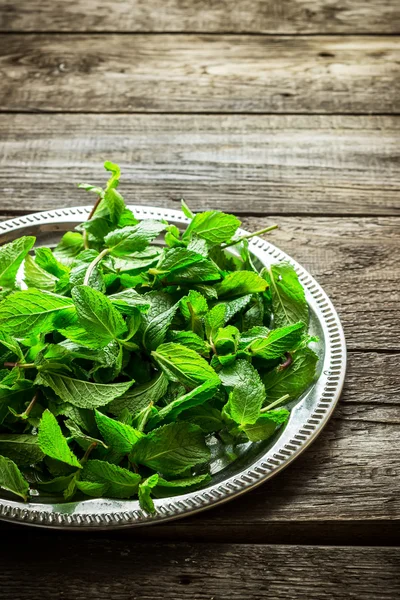 Silbertablett mit Minzblättern auf einem alten Holztisch. — Stockfoto