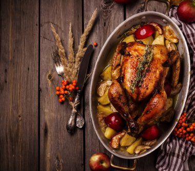 Kavrulmuş doldurulmuş Şükran günü Türkiye'ye devam eder. Üstten Görünüm. Metin için yer. 