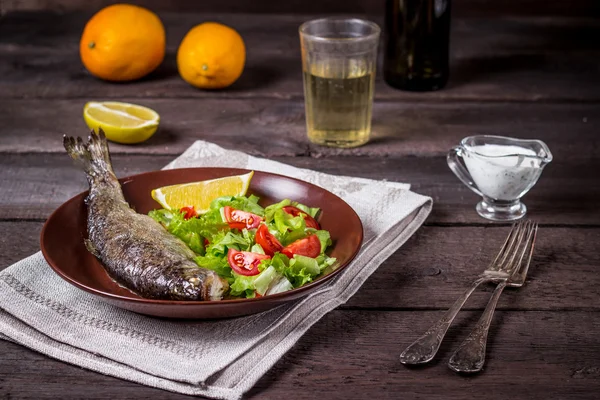 Pescado con ensalada y vino blanco — Foto de Stock