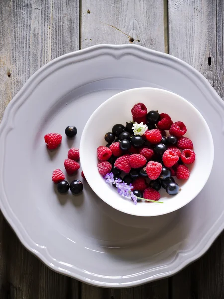 Summer berries in white bowl. — Stock Photo, Image