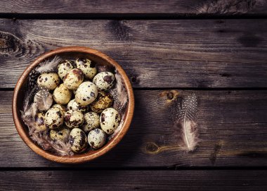 Gri bir ahşap zemin üzerine ahşap bir kasede bıldırcın yumurtası. 