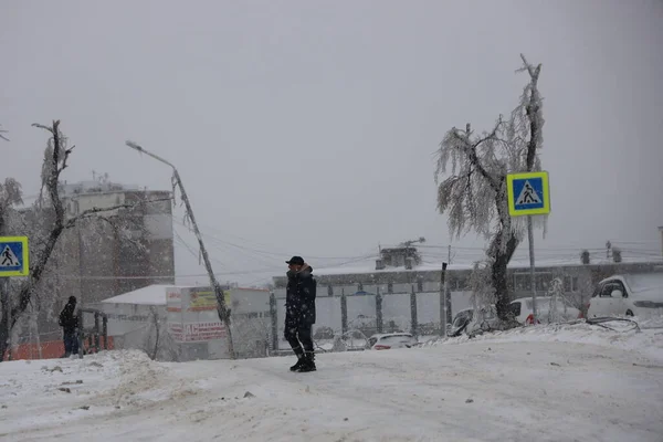 Vladivostok 21 de novembro Cabos de eletricidade cobertos de gelo após fenômeno de chuva congelada — Fotografia de Stock