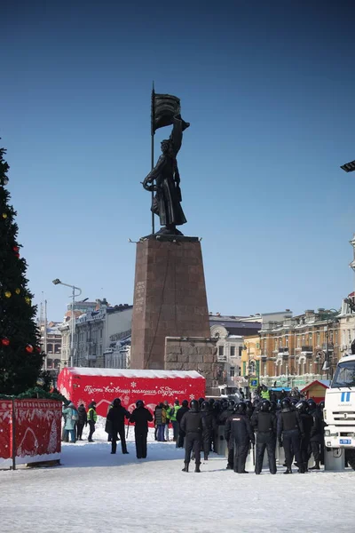 Rusia Vladivostok Ene 2021 Policía Pueblos Caminata Política Protesta Callejera — Foto de Stock