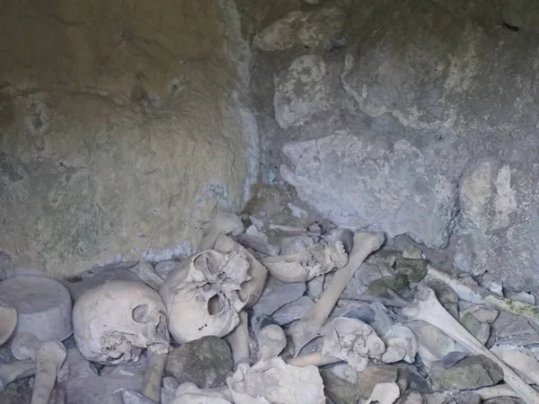 The history crypt with the remains of human bones of the skull with mountains on the background. North Osetia