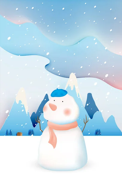 Sneeuwman Winter Landschap Met Papier Kunst Stijl Pastel Kleurstelling Vector — Stockvector