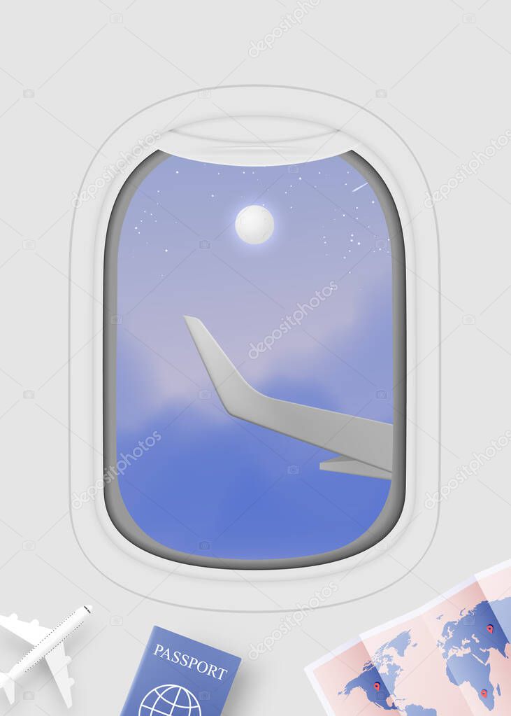Airplane window view  with beautiful night time sky background vector illustration
