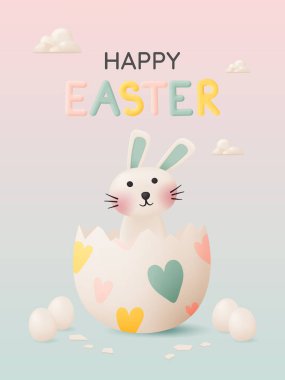 Pastel renkli şirin bir tavşanla Paskalya Günün kutlu olsun. Üç boyutlu kağıt resim ve bir sürü Paskalya yumurtası vektör çizimi.