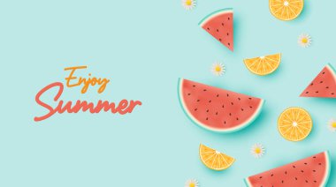 Plaj arka planında şirin 3 boyutlu sanat tarzı ve pastel renk şeması arkaplan illüstrasyonuna sahip tropik meyveler