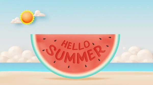 Hello Summer Watermelon Beach Background Cute Art Style Pastel Color — Stock Vector