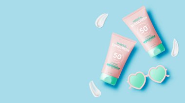 Koruyucu kozmetik ürünler tasarımı, güneş kremi ve güneş kremi kozmetik ürünleri yüz ve vücut losyonu, nemlendirici krem, sıvı. pastel renkte çizilmiş elementler