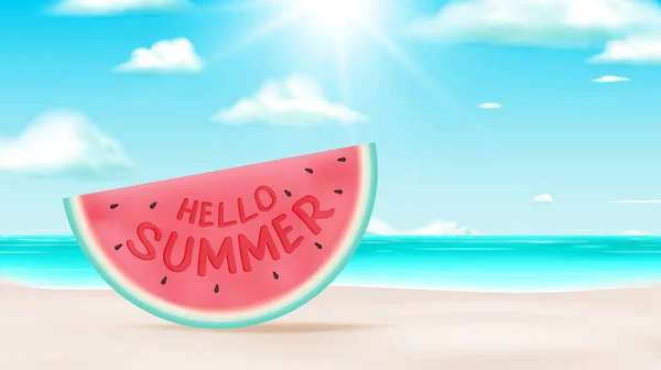 Hallo Zomer Met Watermeloen Strand Achtergrond Schattige Stijl Pastel Kleurstelling — Stockvector