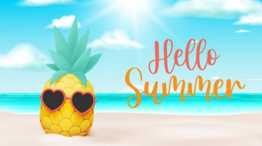 Şirin üç boyutlu karakter tasarımı sanat tarzı ve pastel renk şeması arkaplan çizimi illüstrasyonunda tropik meyve ananası