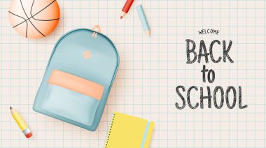 Okula dönmek için çeşitli kırtasiye malzemeleri ve okul tedarikçileri 3 boyutlu gerçekçi sanat tarzında ve pastel renk çizimi ile