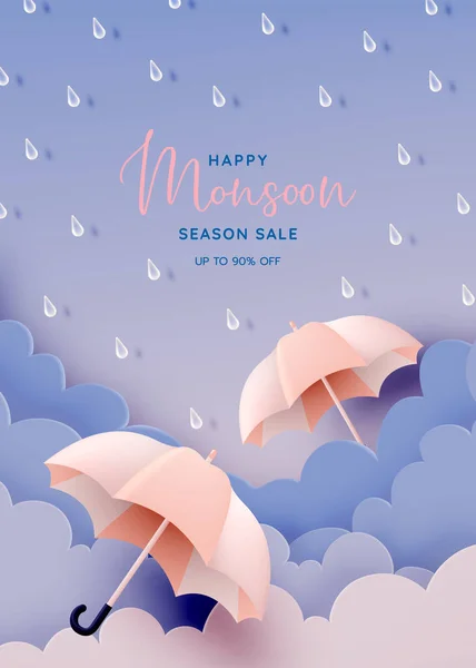 Monsun Saison Banner Verkauf Mit Pastellfarben Und Papier Art Stil — Stockvektor