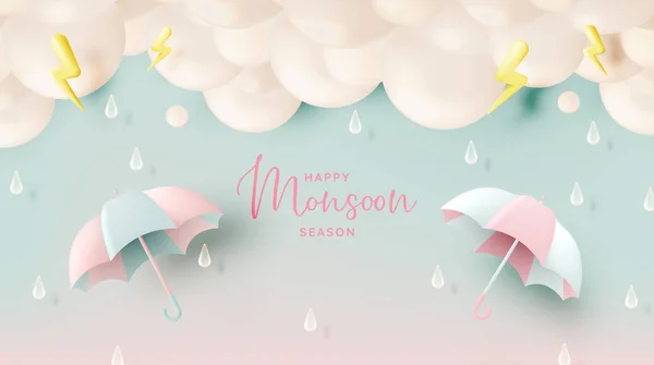 Monsoon Seizoen Banner Verkoop Met Pastel Kleurenschema Papier Kunst Stijl — Stockvector