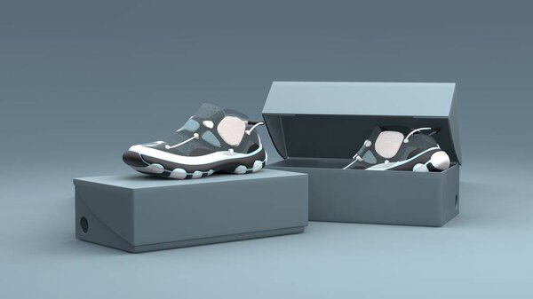 Footwear concept with box package on gray background. Package design. 3d illustration.