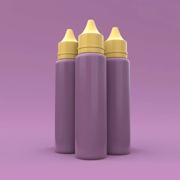 Menekşe arkaplanındaki üç plastik şişenin maketi. Paket tasarımı. 3d illüstrasyon.