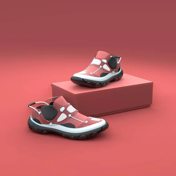 Schuhkonzept Mit Verpackung Auf Rotem Hintergrund Verpackungsdesign Illustration — Stockfoto