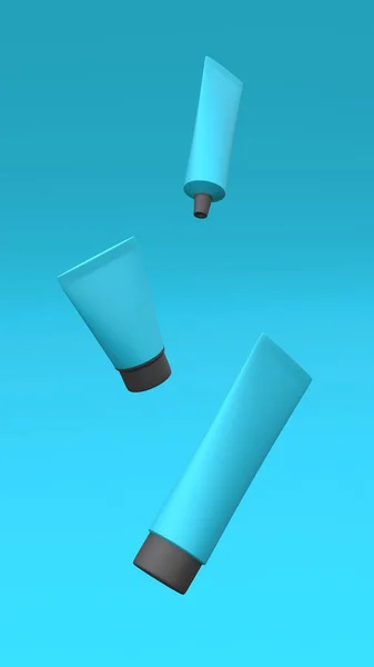 Mavi arka planda havada uçuşan plastik tüpler. Paket tasarımı. 3d illüstrasyon.