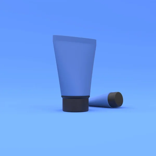 塑料管模型化妆品与帽子 蓝色背景 包装设计 3D说明 — 图库照片