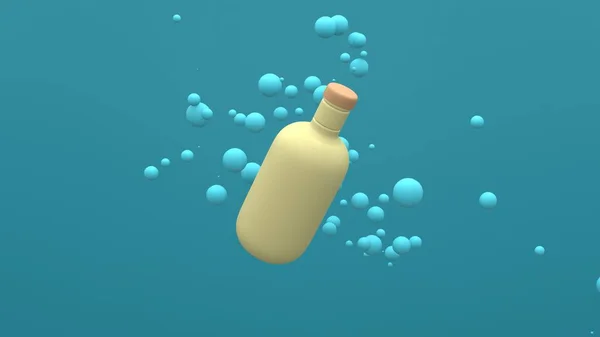 Botella Plástico Volando Aire Sobre Fondo Azul Con Esferas Flotantes —  Fotos de Stock