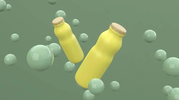 Две Бутылки Летят Воздухе Зеленом Фоне Плавающими Шарами Дизайн Упаковки — стоковое фото