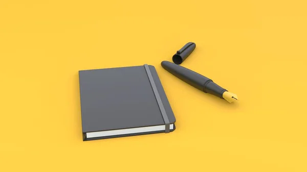 Notepad Inkt Pen Mockup Gele Achtergrond Mockup Ontwerp Illustratie — Stockfoto