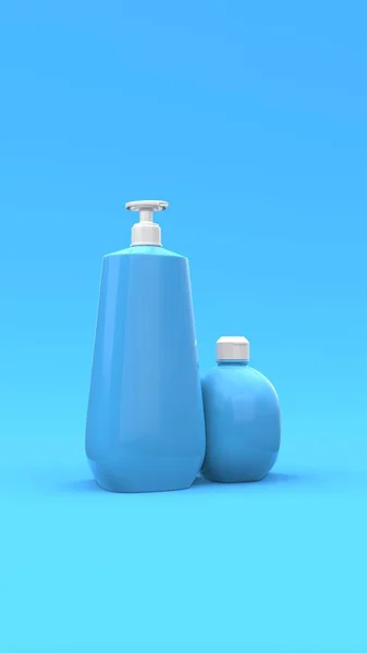 精致的化妆品瓶在蓝色的背景下紧密相连 现代封面设计 3D说明 — 图库照片