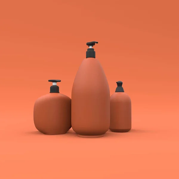 Elegantes Botellas Cosméticos Sobre Fondo Naranja Diseño Portada Moderno Ilustración —  Fotos de Stock