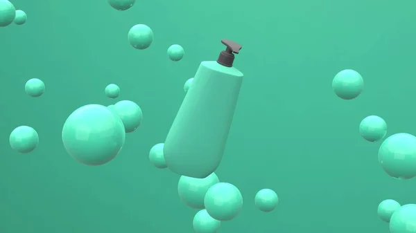 Yeşil arka planda yüzen kürelerle havada süzülen zarif kozmetik şişesi. Modern kapak tasarımı. 3d illüstrasyon.