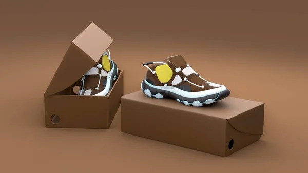 Schuhkonzept Mit Verpackung Auf Braunem Hintergrund Verpackungsdesign Illustration — Stockfoto