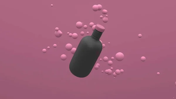Leylak rengi arka planda yüzen kürelerle havada uçuşan plastik şişe. Paket tasarımı. 3d illüstrasyon.